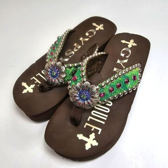Gypsy Soule Bling Beaded Flower Snake  Platform Western Flair Flip Flop Size 8.5 - Picture 1 of 9